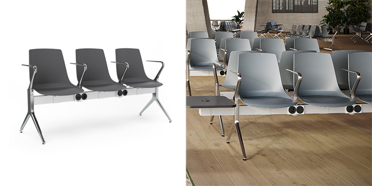Gnosi bench standalone image with gray poly next to installation image of gnosi bench with gray poly seats in an airport setting