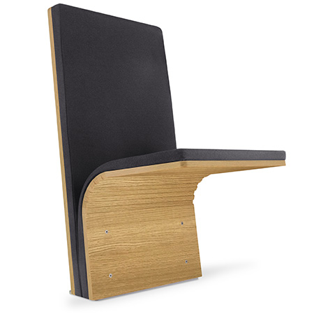 JumpSeat Standard with dark gray upholstery, lowered seat and white oak veneer seat panel for auditoriums