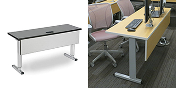 X-Series table standalone image with silver modesty panel next to installation image with a wood modesty panel and writing surface